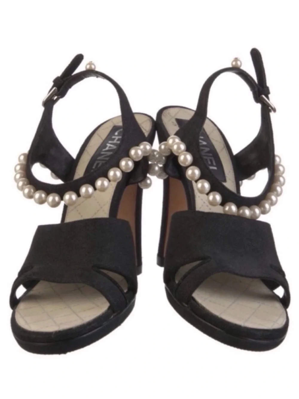 CHANEL Black Suede Faux Pearl Slingback Heeled CC Runway Sandals